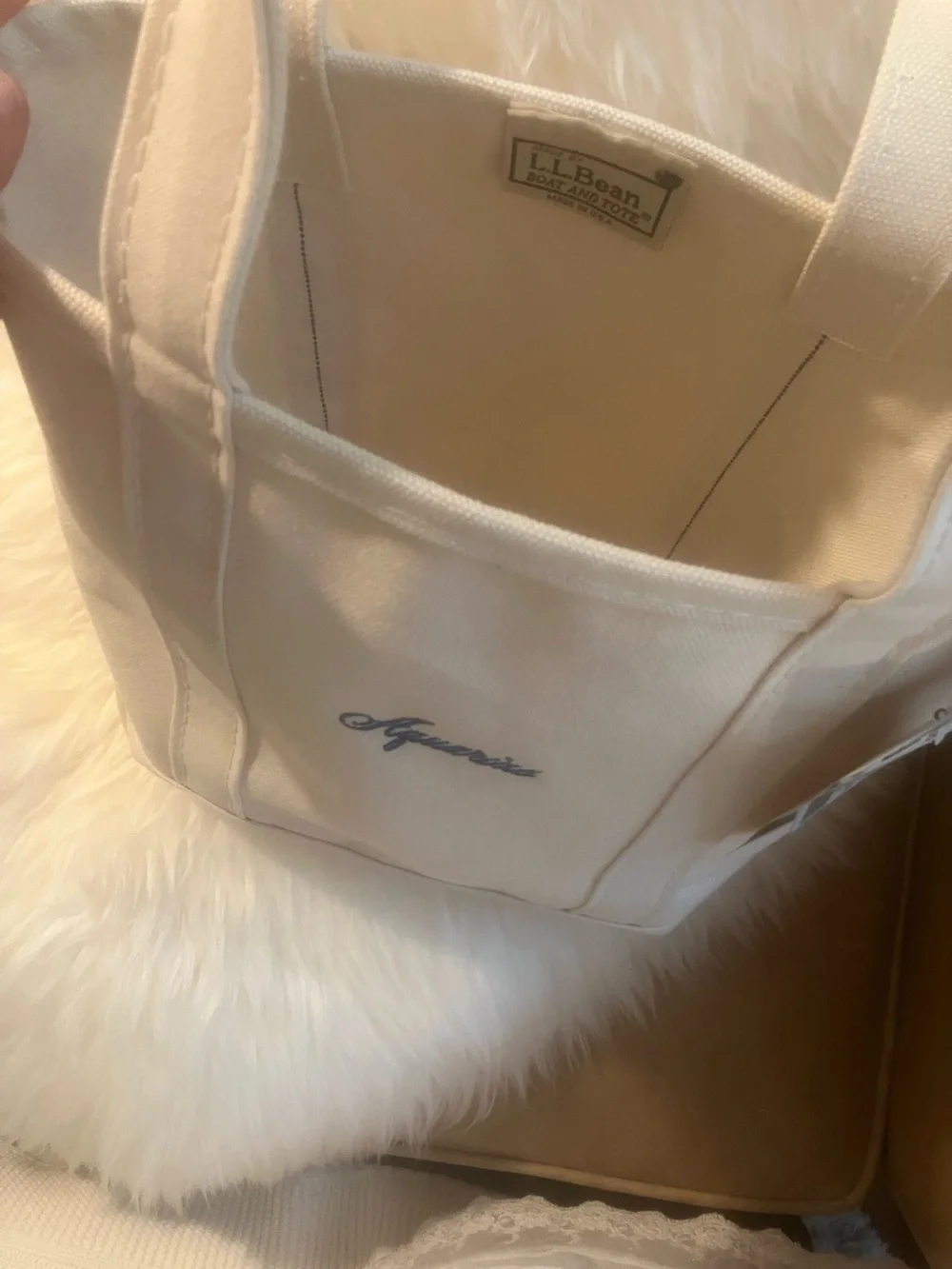 L.L. Bean Cream Canvas Tote with “Aquarius” monogram Embroidery small